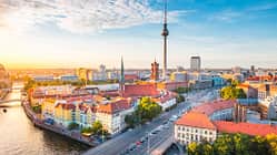 Berlin skyline with Spree river at sunset, Germany