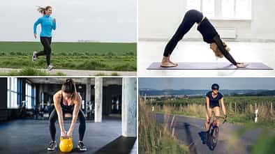 Crosstraining: Eine Collage von vier Bildern – Laufen, Yoga, Kraftsport und Radfahren.