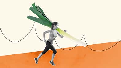 Abstract composite illustration collage photo of energetic motivated girl running with leek on shoulder isolated on creative background