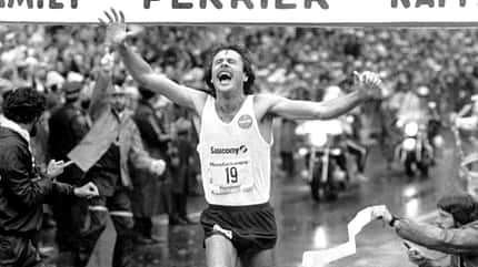 Rod Dixon at the finish line of the New York City Marathon a