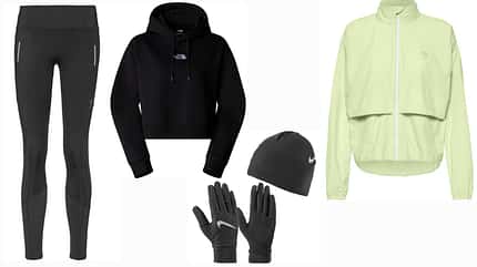 Jetzt für Frauen reduziert: Lauftights von Energetics, Hoodie von The North Face, Mütze und Handschuhe von Nike und Laufjacke von Unifit.