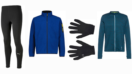Jetzt für Männer reduziert: Lauftights von Puma, Fleecejacke von CMP, Laufhandschuhe von Under Armour, Laufjacke von Unifit.
