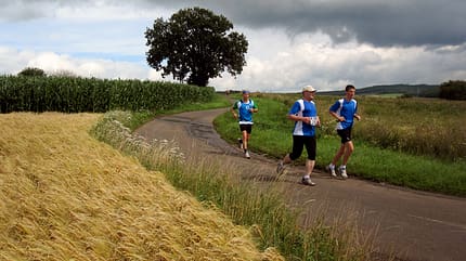 Vogelsberger Südbahnlauf: Auf der Halbmarathon/ 10 km Strecke 2 Kilometer vor dem Ziel mit Weitblick über das Tal Vogelsberger Südbahnlauf: Auf der Halbmarathon/ 10 km Strecke 2 Kilometer vor dem Ziel mit Weitblick über das Tal