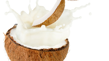 half,exotic coconut milk and pieces spilling out half nut