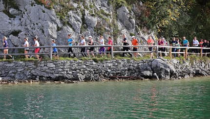 Teilnehmende des Marathon laufen entlang des Bürglstein am Wolfgangsee bei bestem Wetter.
