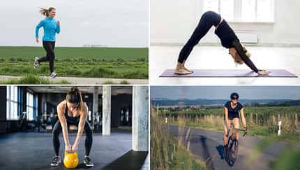 Crosstraining: Eine Collage von vier Bildern – Laufen, Yoga, Kraftsport und Radfahren.