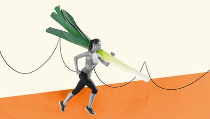 Abstract composite illustration collage photo of energetic motivated girl running with leek on shoulder isolated on creative background