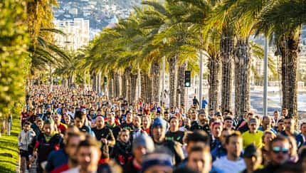 Läufermassen vor Palmen an der Küste