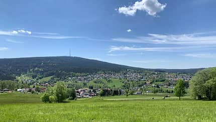 Landschaft mit grüner Wiese und bewaldetem Hügel vor blauem Himmel. Landschaft mit grüner Wiese und bewaldetem Hügel vor blauem Himmel.