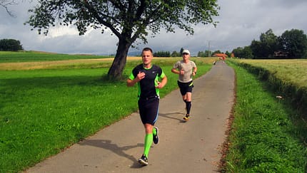 Vogelsberger Südbahnlauf: Auf der Halbmarathonstrecke, kurz hinter dem Dorf Wettges