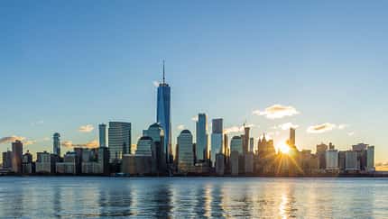 Cityscape of Lower Manhattan, New York in the Sunny Morning. Uni