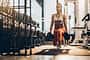 Female athlete exercising with dumbbells in a lunge position at gym.