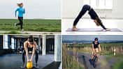 Crosstraining: Eine Collage von vier Bildern – Laufen, Yoga, Kraftsport und Radfahren.