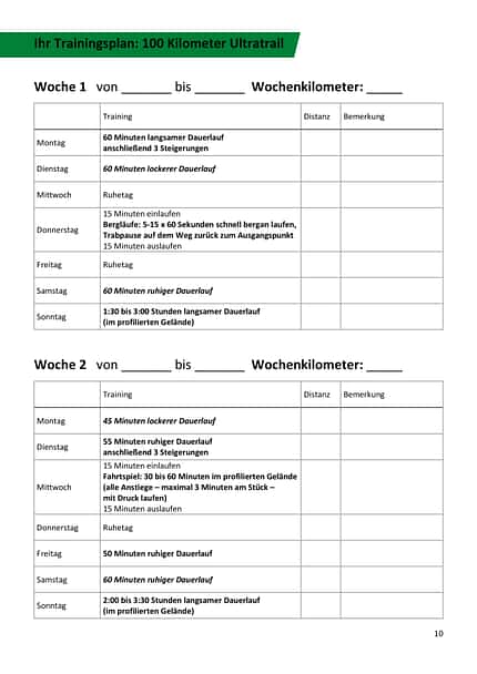 Trainingsplan 100 km Ultratrail Wochen 1 und 2