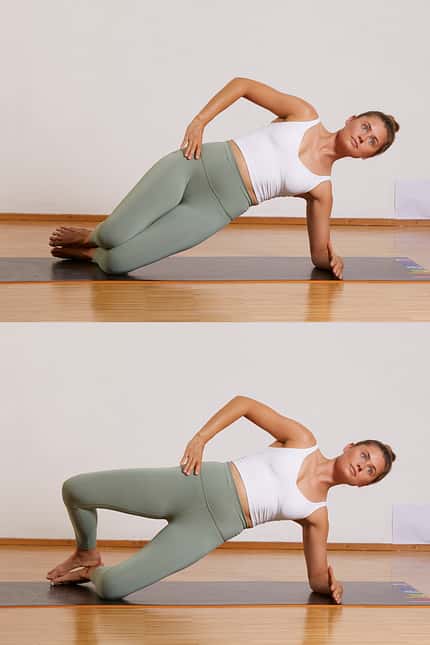 Pilates für Läufer: Kniender Seitstütz, Muschel Pilates für Läufer: Kniender Seitstütz, Muschel